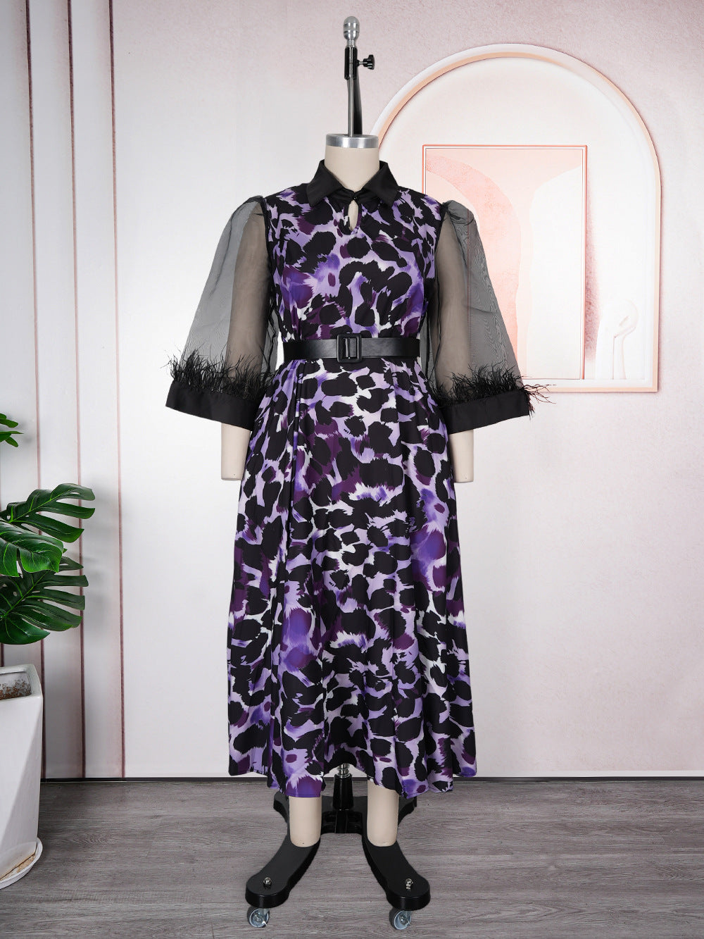 new arrival  african women's plus size cross-border trade three-quarter sleeve black feather lapel printed dress