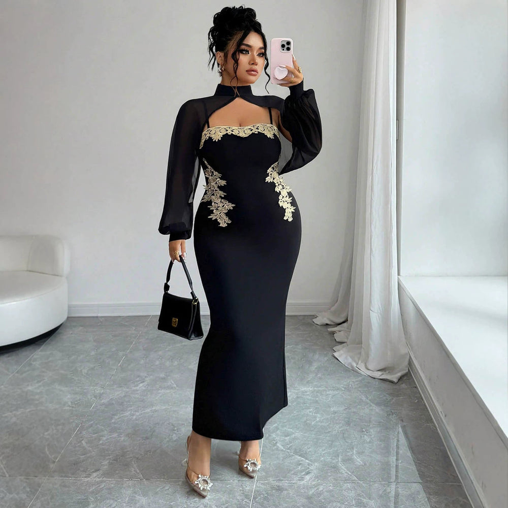 Exportaccessible luxury styleplus size dress skirt mesh long sleeves hollow out chest gold thread embroider waist slimming look fishtail style