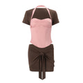 summer new women's sexy & sweet halter top with asymmetrical neckline & tie-waist mini skirt set