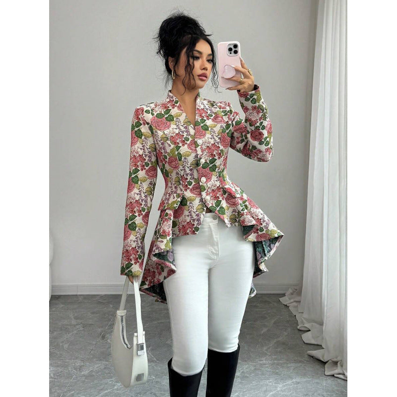 fashionautumnew arrivalelegancefashionv necklong sleeves waist asymmetricalrufflesjacket for women