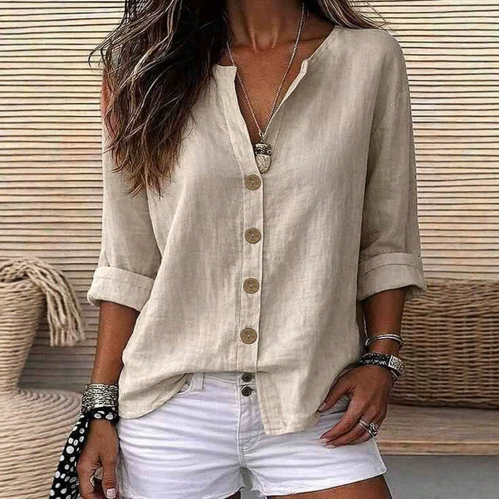 Exclusively for us & european cross-border e-commerce:  autumn beige cotton linen shirt - relaxed fit, v-neck, roll-up sleeves, mid-length top