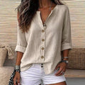 Exclusively for us & european cross-border e-commerce:  autumn beige cotton linen shirt - relaxed fit, v-neck, roll-up sleeves, mid-length top