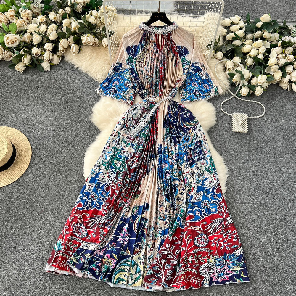 European style plus size women's high-end printed, heavily beaded, pleated long formal dress with pleated skirt - elegant women's dress