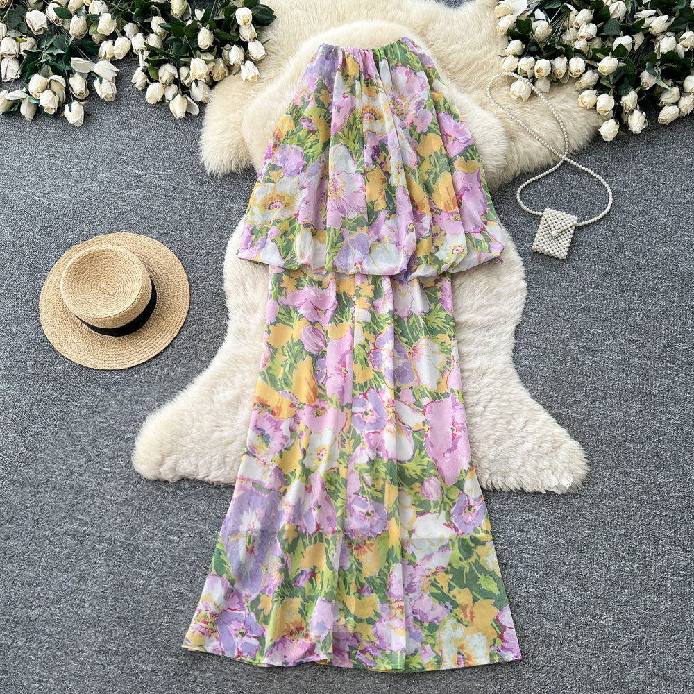 French riviera floral print bandeau dress - women's summer sleeveless high-waisted a-line dress