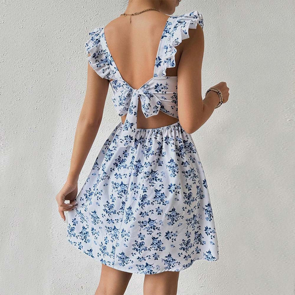 Amazon  european and american cross-border spring/summer sweet & slim-fit design: open back, tie-up, flutter sleeve, floral print dress