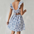 Amazon  european and american cross-border spring/summer sweet & slim-fit design: open back, tie-up, flutter sleeve, floral print dress