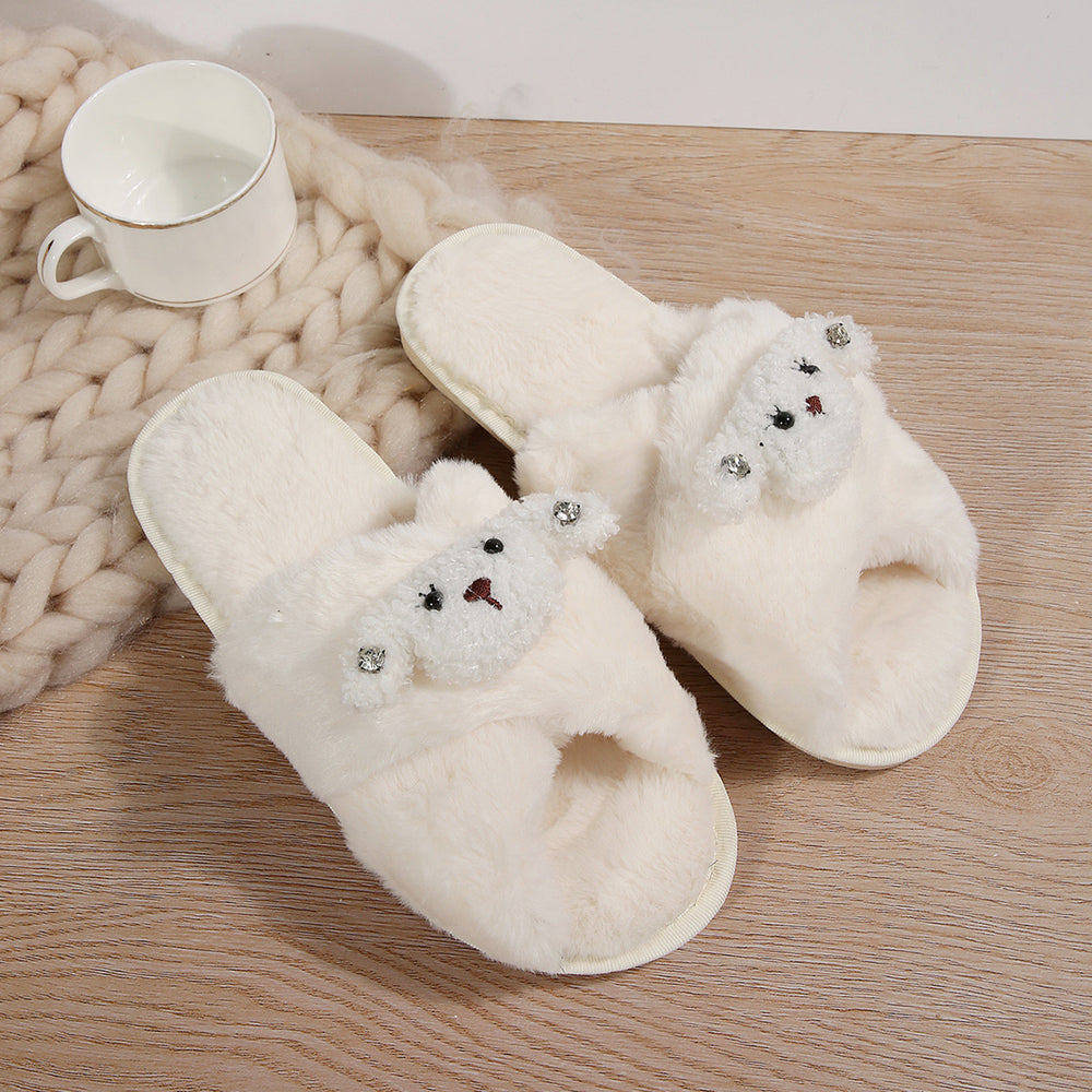 2024 autumn/winter cartoon crossover slippers, thick sole, open toe, fuzzy slippers, plus size women's warm non-slip home cotton slippers