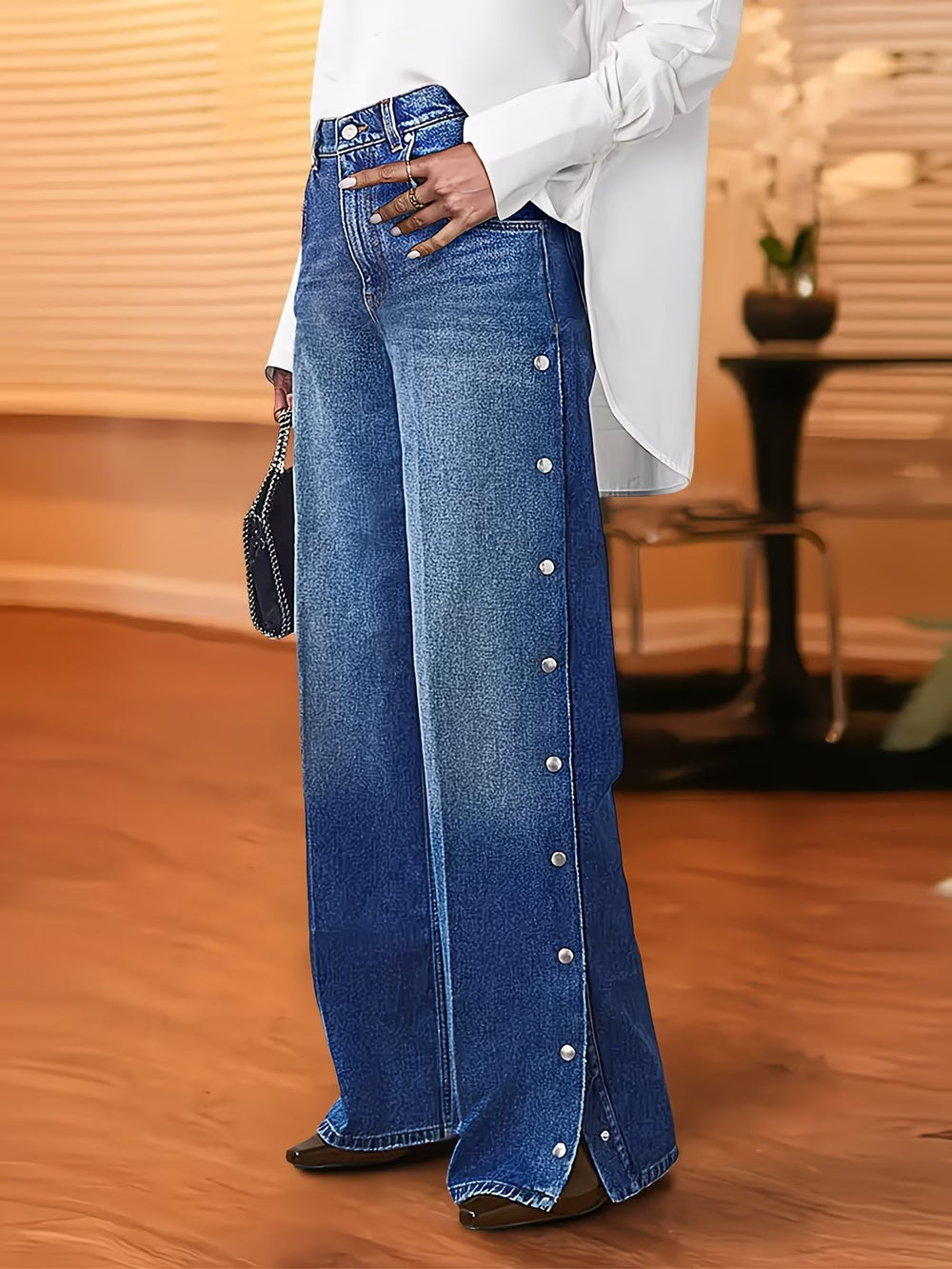 European and american style women's washed high-waisted button-front slit wide-leg jeans - long, button-down denim wide-leg pants