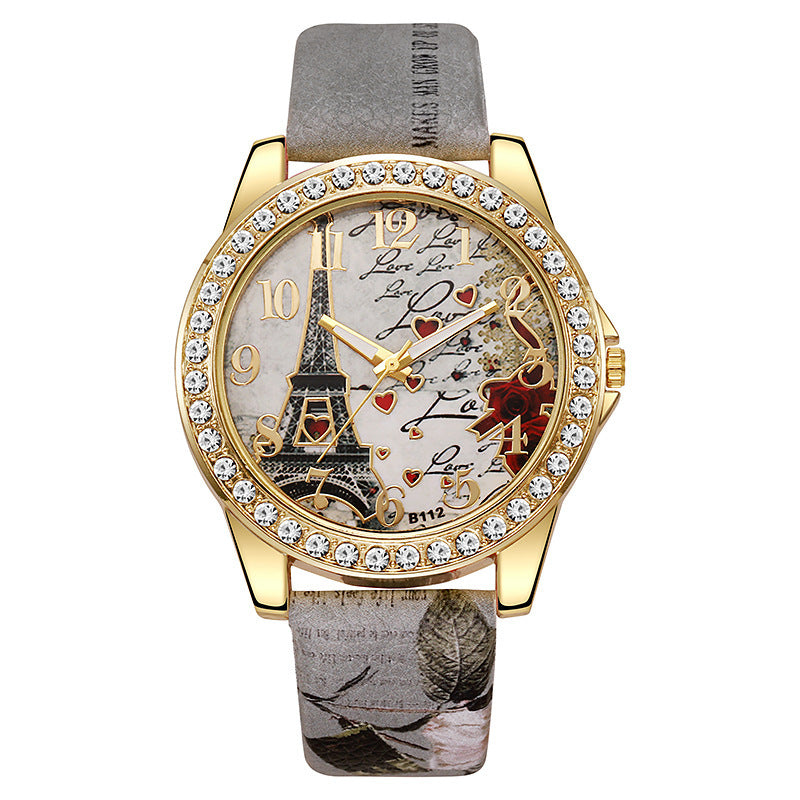 fashion snake print belt printing women's watch eiffel tower digital diamond-encrusted british watch student watch
