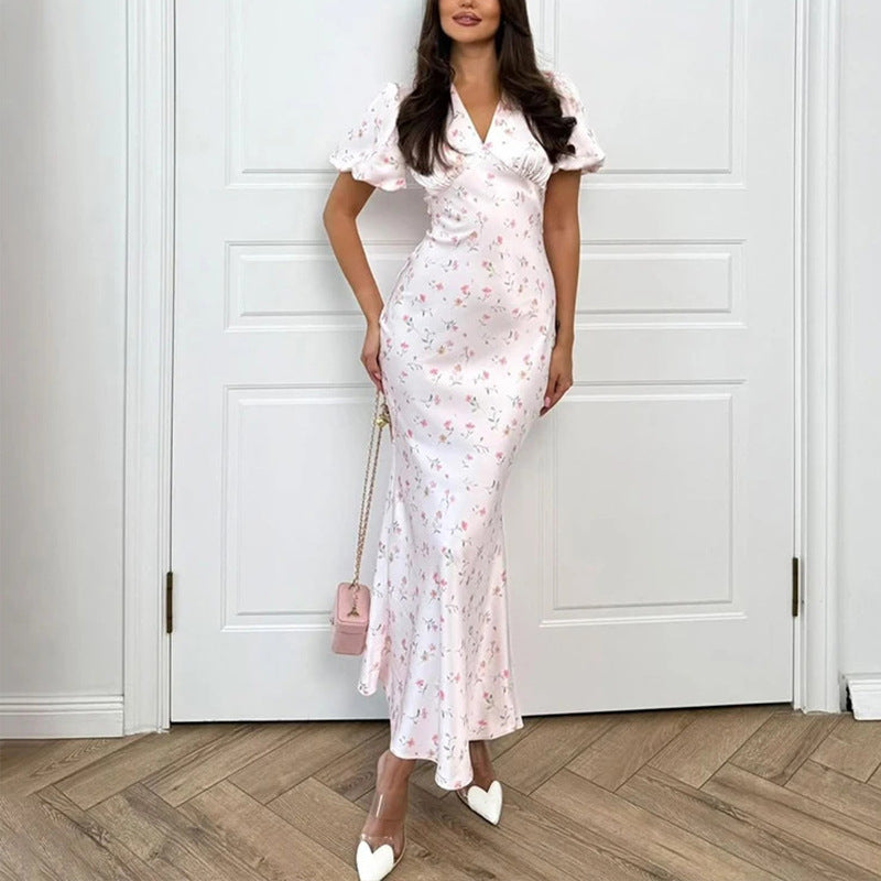 summer new women's fashion: european and american style cross-border dress - trendy printed v-neck bodycon maxi dress