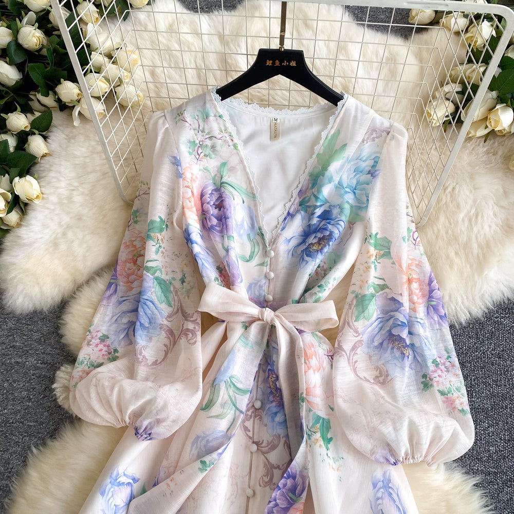 French sweet style printed flared sleeve dress - women's spring long sleeve, slimming a-line maxi dress - commute chic & elegant