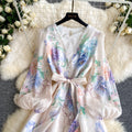 French sweet style printed flared sleeve dress - women's spring long sleeve, slimming a-line maxi dress - commute chic & elegant