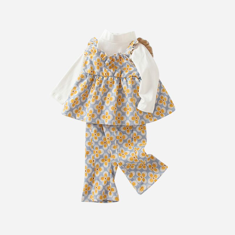 Girls' fall/winter outfit set : stylish yellow floral short-sleeve three-piece set for toddlers