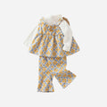 Girls' fall/winter outfit set : stylish yellow floral short-sleeve three-piece set for toddlers