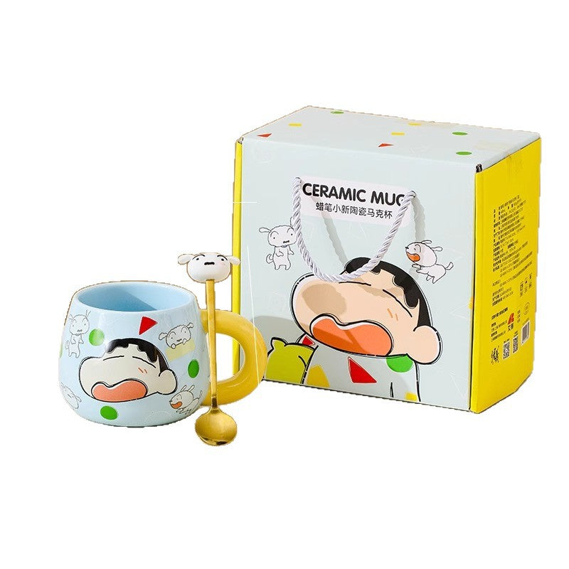 Crayon small new big belly mug with spoon gift box ceramic cup cute cartoon water cup high value coffee cup