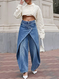 Fashionjeans women's high waist cross wrap fake two-piece culottes exportniche stylesense of design wide leg denim pants