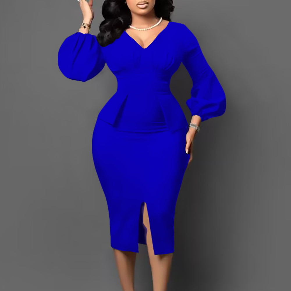 D354  european and american women's clothing v neck puff sleeve slit dress office pencil skirt african dress
