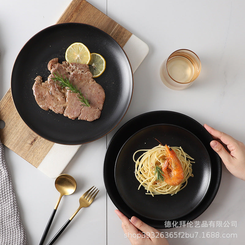 Creative black matte steak plate, japanese-style western dinner plate, commercial ceramic shallow dish for hotel and restaurant use, microwave safe