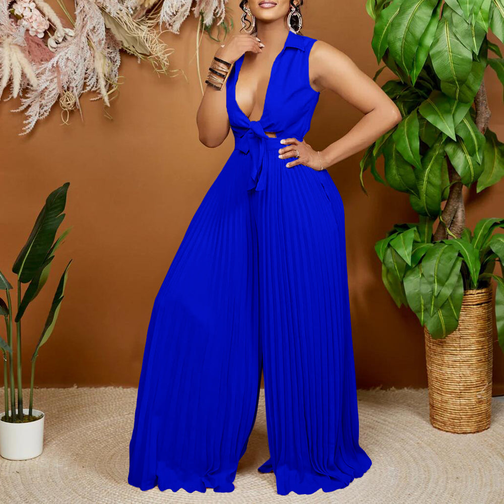 C8533 european and american style women's summer  new fashion v-neck long sleeve turn-down collar loose pleated wide leg jumpsuit - cross-border e-commerce item