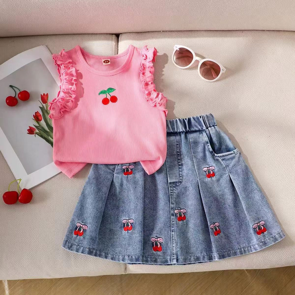 spring new arrival: korean style casual cute pink tank top + cherry denim mini skirt set (in stock)