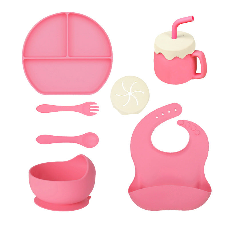Children's Silicone Plate 7-piece Set Baby Separate Plate Feeding Bib Water Cup Fork Spoon Supplementary Food Bowl Tableware