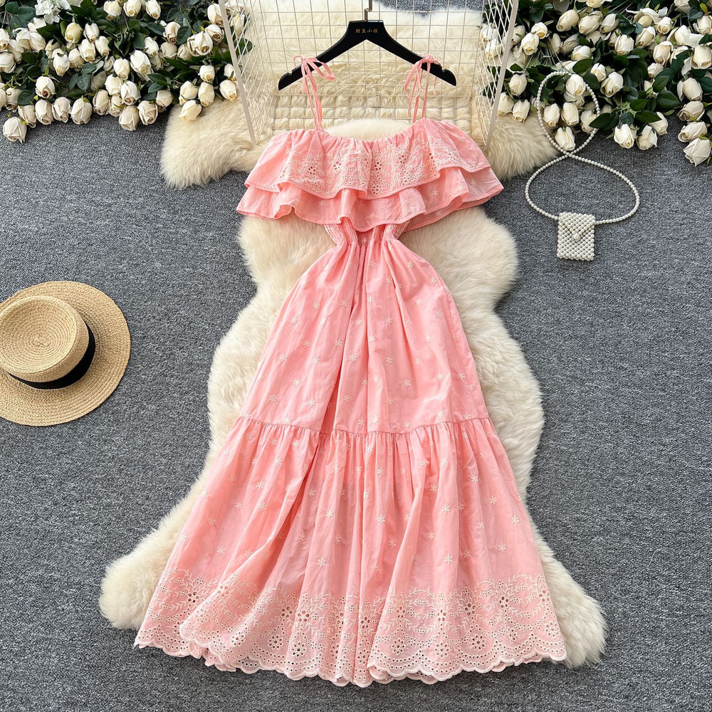 French gentle style one shoulder suspender rufflespatchworkdress women's waist elegant cut outembroiderlong skirt