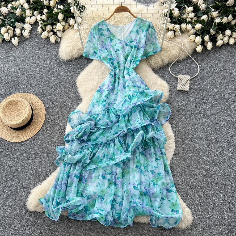 French chic v-neck floral dress - women's summer irregular short sleeve, slim fit a-line maxi dress - perfect for vacation