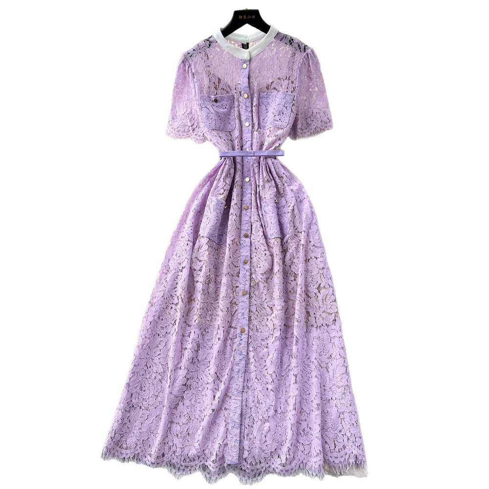 French high-end women's dress -  summer collection: chanel-inspired, cinched waist, single-breasted, elegant lace maxi dress