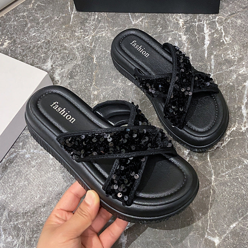 Sequin criss-cross slides - women's summer new arrivals, perfect with skirts, trendy influencer style, chanel-inspired chunky sole sandals