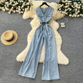 Sophisticated retro chic v-neck sleeveless jumpsuit for women -  summer collection: high-end, tie-waist denim wide-leg pants