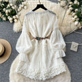 Vacation-style dress for women, spring  collection: french-inspired tie-waist, single-breasted, lantern sleeve, ruffle-trimmed fairy mini dress