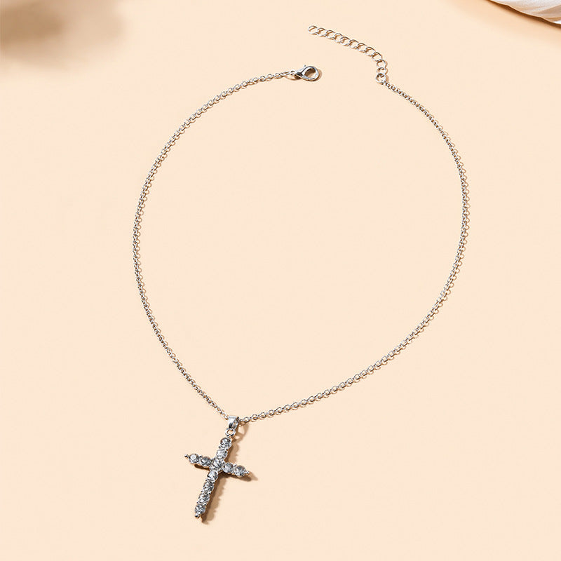 Wholesale diamond-studded cross necklace, cross-border sweater chain jewelry accessories, personalized alloy minimalist high-end pendant for women