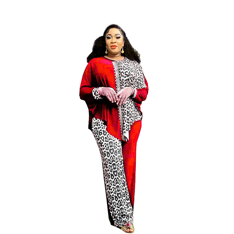 Leopard print patchwork batwing top and pants set - cross-border sourcing - african women's clothing