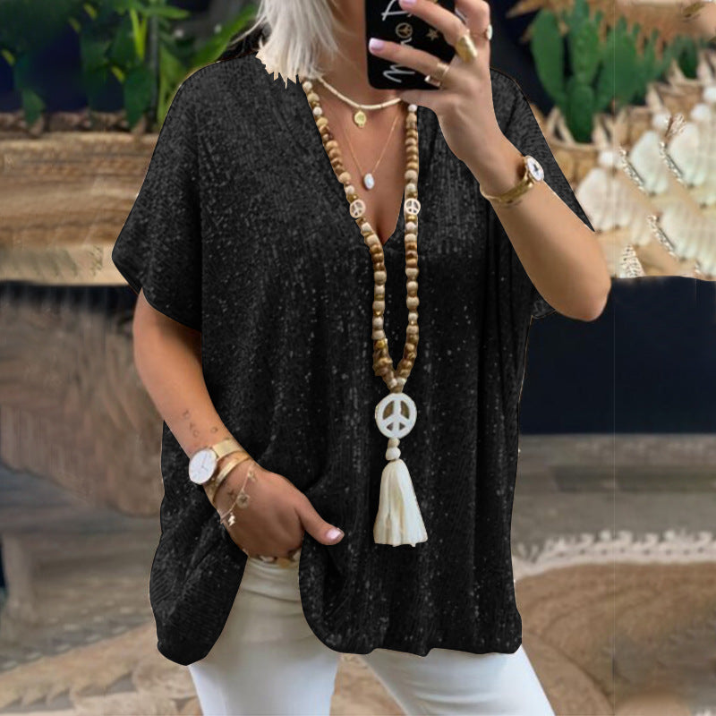 new european and american  style short-sleeve urban casual loose fit pullover sequin v-neck t-shirt top for women