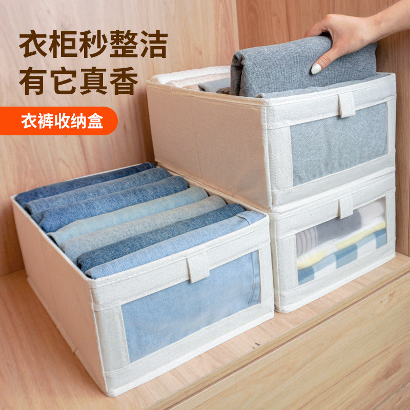 Windowed cotton and linen storage box, wardrobe pants clothing storage and finishing box, foldable fabric storage box wholesale