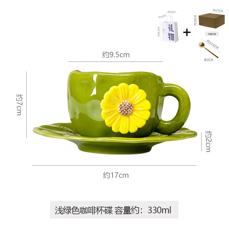 Hand-pinched embossed floral coffee cup and saucer set - home, niche, retro style ceramic milk cup, water cup, unique and high-value design