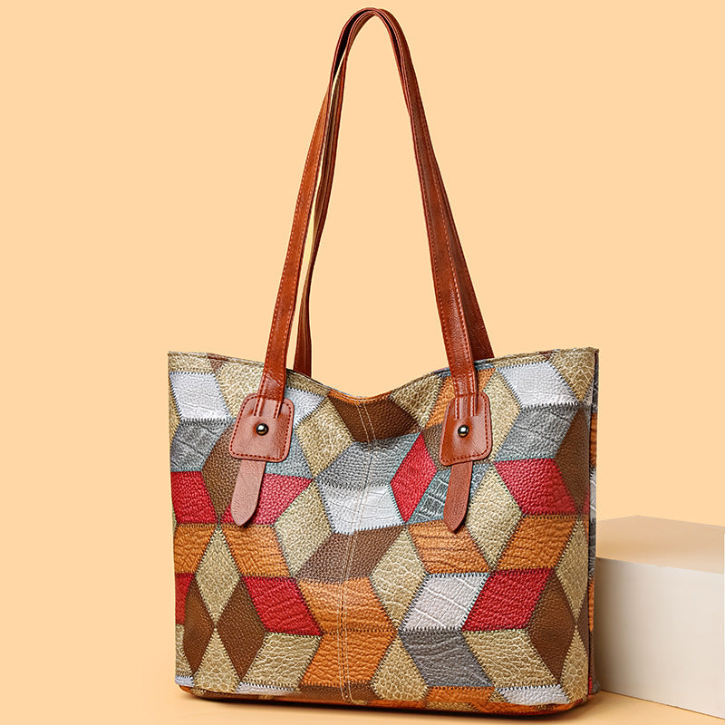New fashionable textured patchwork shoulder bag, large capacity tote bag, versatile handbag, mom bag, commuter bag, women's bag
