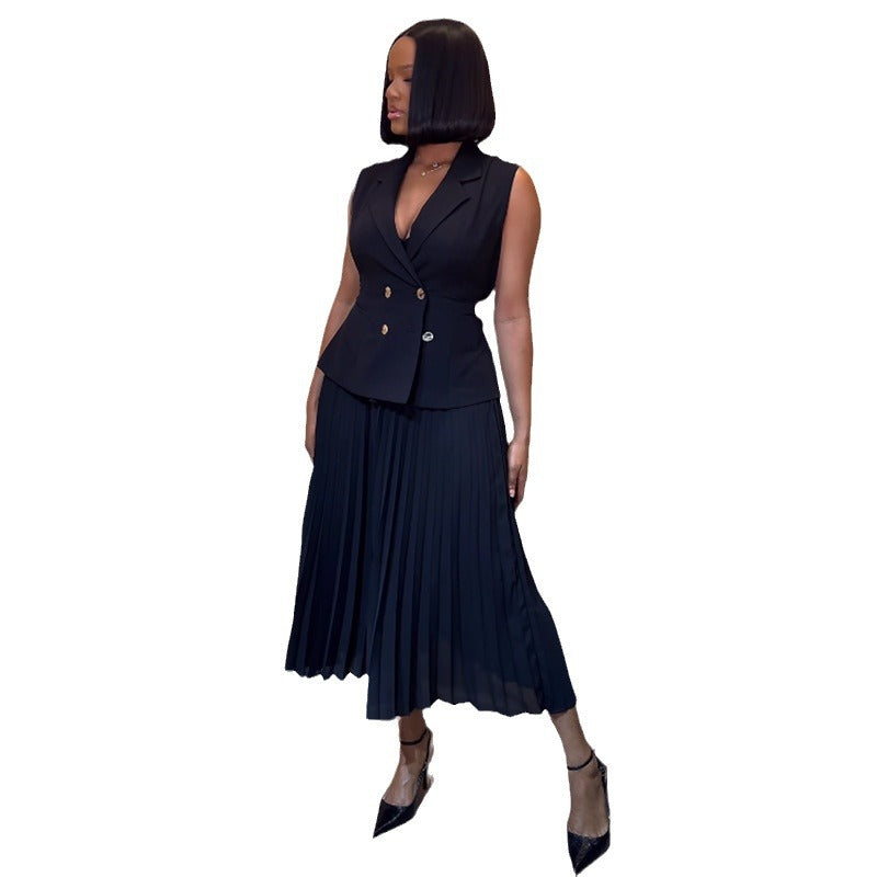Fashion cross-border women's clothing  summer new style elegant suit collar vest tops pleated skirt casualsuit
