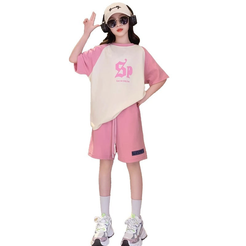 Girls' summer shorts set -  new style kids' short-sleeve fashionable two-piece summer outfit for mid-to-large children, perfect for sports
