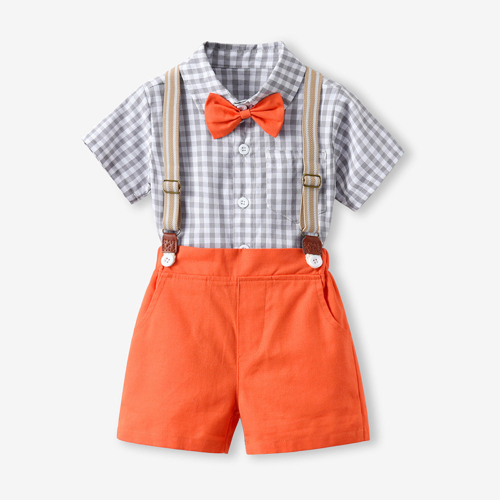 Boys' summer short-sleeve overalls set: cotton white shirt birthday performance outfit, korean style kids' clothing