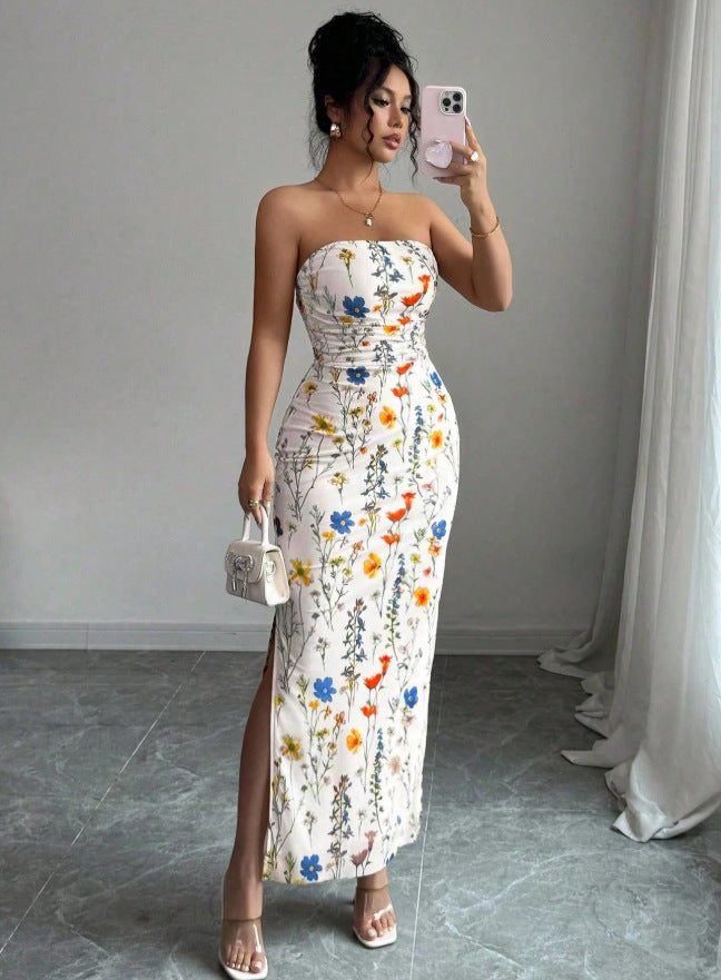 new european and american  cross-border summer export v-neck french print slimming a-line maxi dress