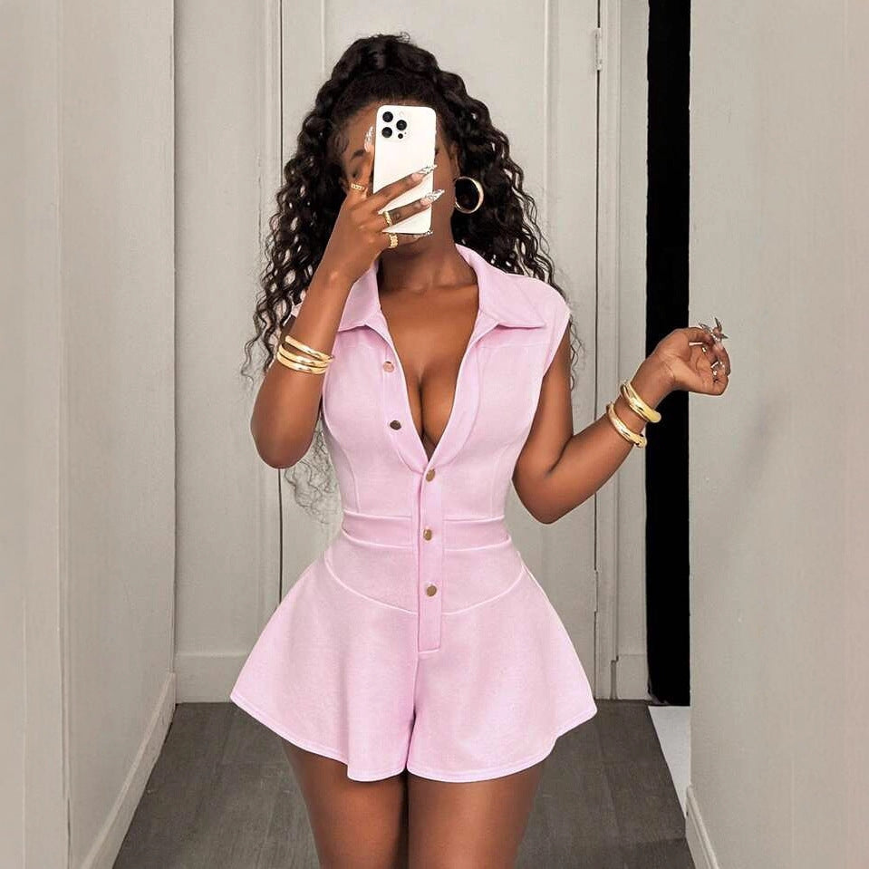 European and American new  fashion temperament casual slim-fit solid color lapel waist shorts cardigan jumpsuit jumpsuit
