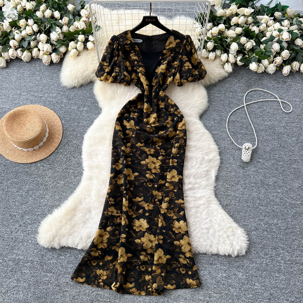 French romantic print bubble sleeve dress - women's summer mesh panel slim fit mermaid maxi dress