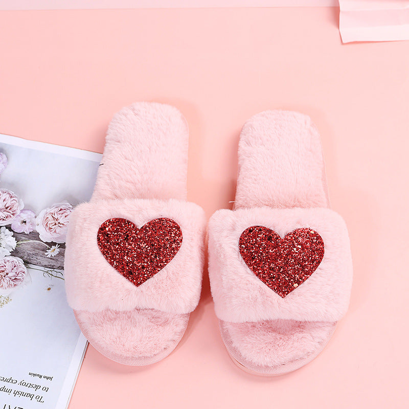 2024new arrival women's plus size fur slippers autumn winter one-piece flat heel open toe popularfashionheattech heart-shaped slippers
