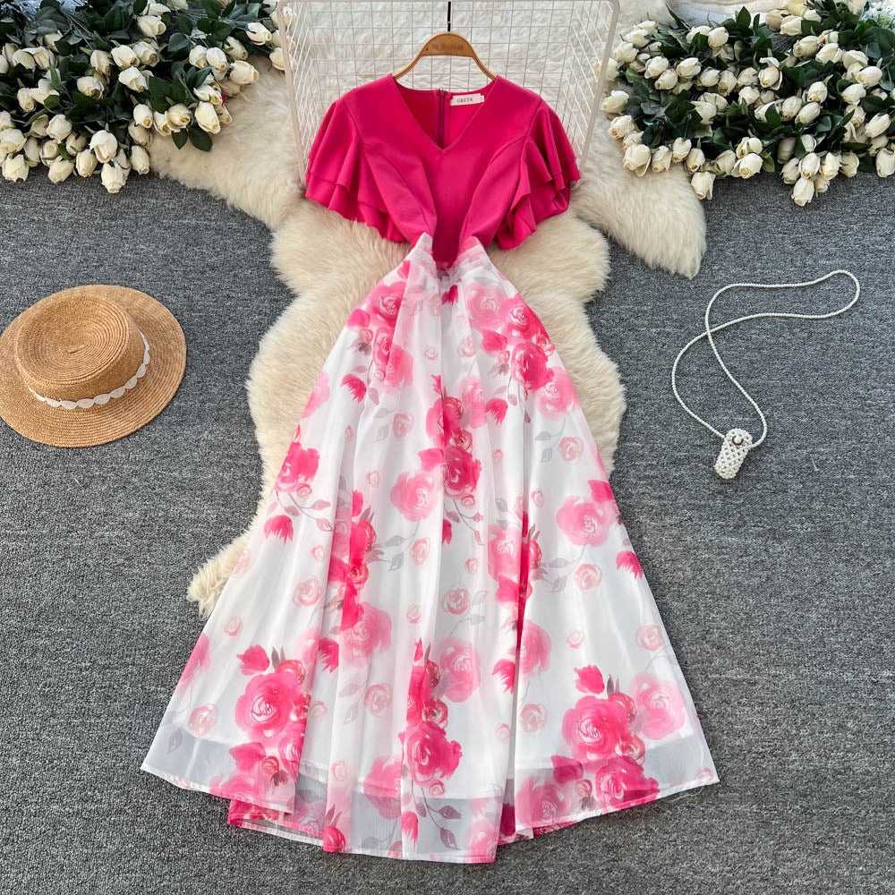 French chic v-neck ruffle sleeve patchwork print dress - women's summer color block korean style fitted high-end maxi dress