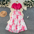 French chic v-neck ruffle sleeve patchwork print dress - women's summer color block korean style fitted high-end maxi dress