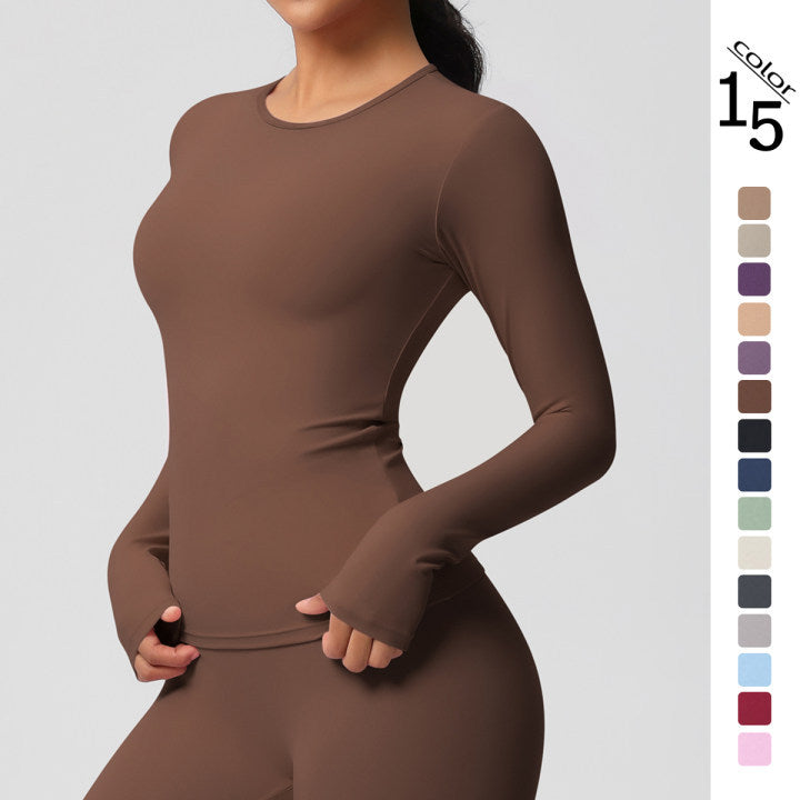 New arrival in stock cross-border double-sided brushed solid color longline training sports long sleeve t-shirt running fitness yoga top for women