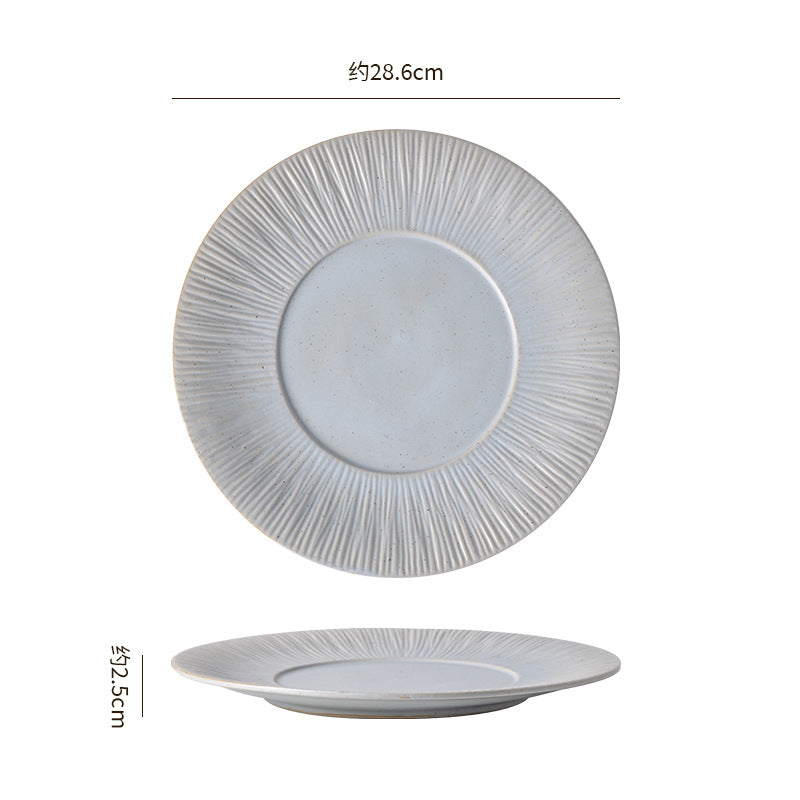 Embossed irregular ceramic steak plate - stylish, high-value, retro striped dinnerware for restaurants and hotels