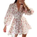 cross-border e-commerce women's fashion: european and american summer new arrivals - elegant and sweet printed v-neck lace mini dress
