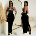 C7217 cross-border   fashion women's off-the-shoulder slit rhinestone bodycon dress - new